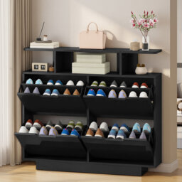 12 Pairs High Gloss Shoe Storage Cabinet With 2 Flip Drawers, 80W X 24D X 106H Cm, Black