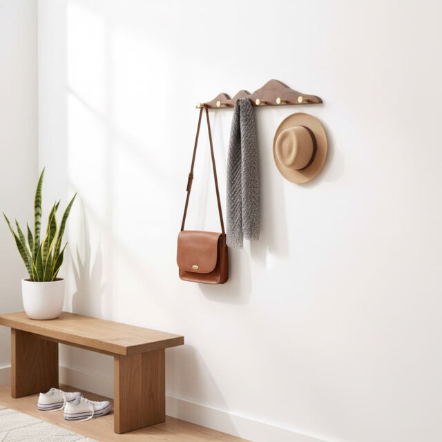 "23.6"" Gold Brass Wooden Wall Coat Rack (6 Hooks) - Decorative Entryway Rail"