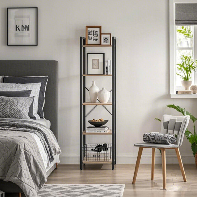 5-Tier Storage Shelf, Freestanding Bookcase for Home Office, Living Room, Industrial, Greige and