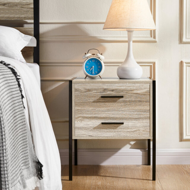 Oscar 2 Drawer Industrial Bedside Table Bedroom Storage Cabinet With Metal Frame