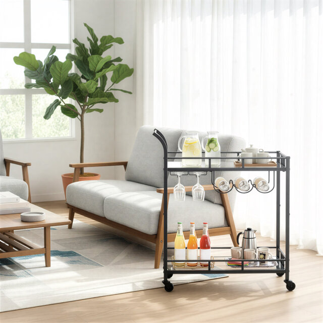 3 Tier Drinks Bar Trolley with Mirrored Glass Shelves and Wheels