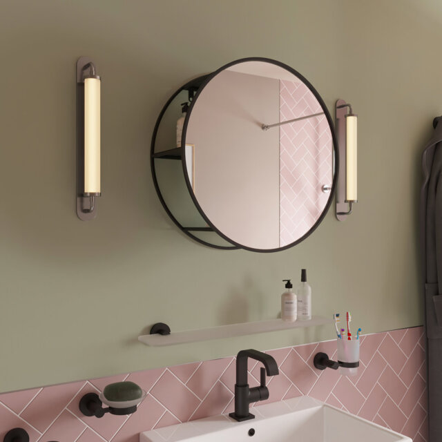 Croydex Round Bathroom Mirror, Matt Black Framing With Hidden Shelving 50 X 50cm