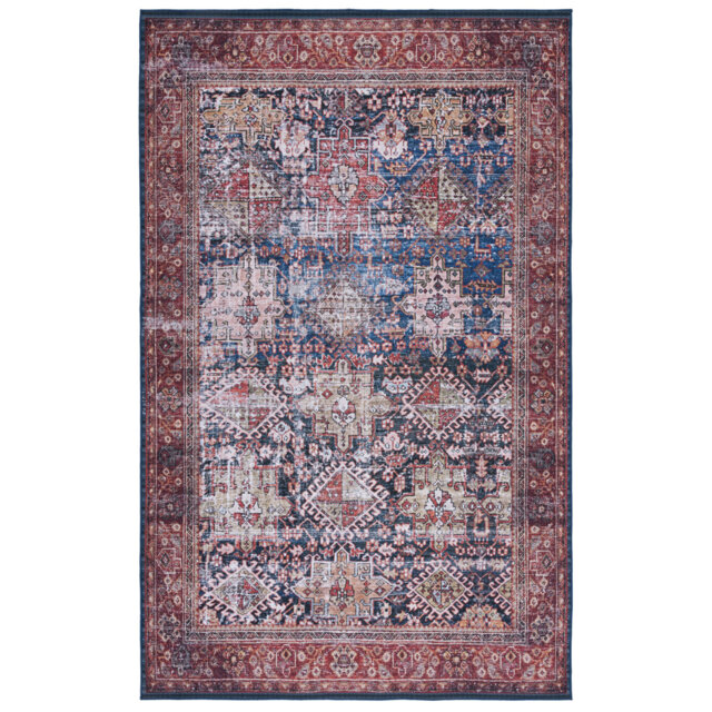 Tucson Vintage Look Machine Washable Non-Slip Area Rug in Red & Dark Blue