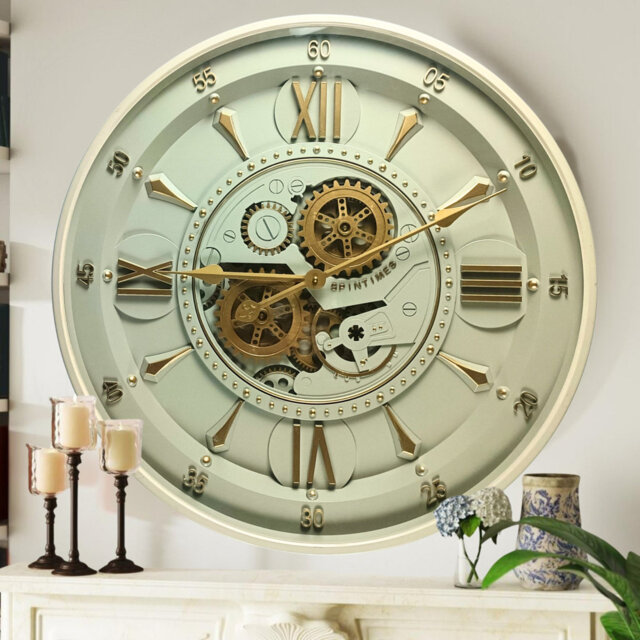 Wall Clock with Real Moving Gears IR-LI_ 24 in Round BRASS-LIGHT