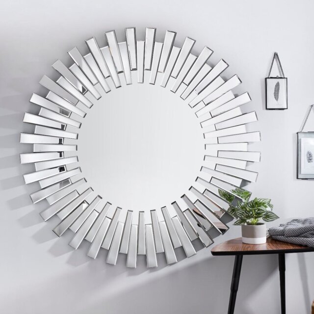 Barston Sunburst Glass Framed Wall Mounted Accent Hallway Hollywood Mirror