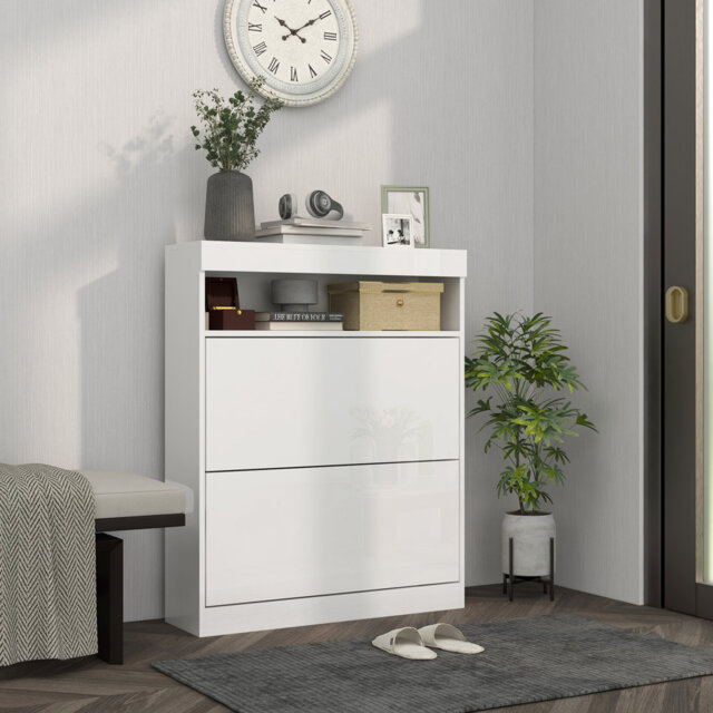 HOMCOM Narrow Shoe Cabinet Wall Mounted or Freestanding High Gloss