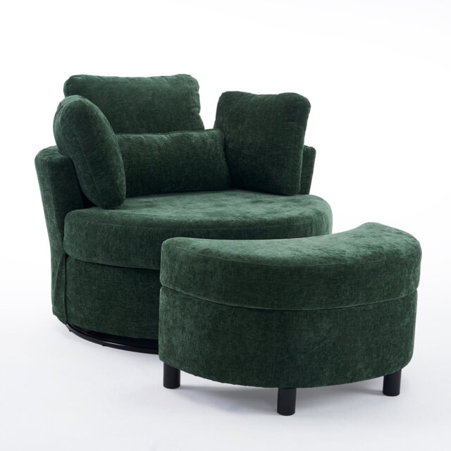 Oversised Upholstered Swivel Accent Chair With Footstool, Ivory Teddy