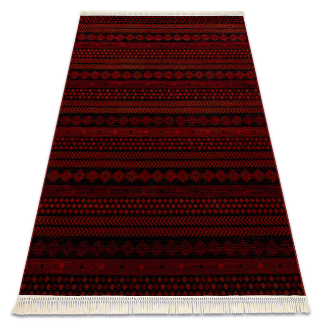 Luca 5132 – Elegant rug with fringes in burgundy & black – Classic Lucaal rug with ornament
