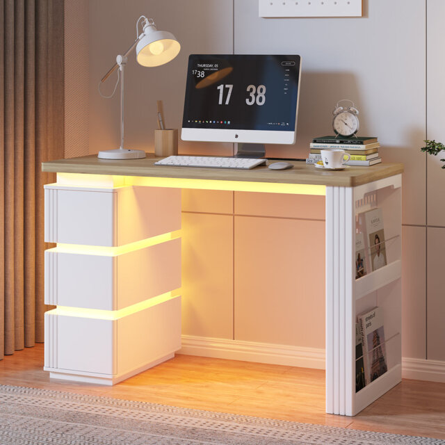 Computer Desk with LED Lights, Charging Ports, Drawers & Storage Shelves