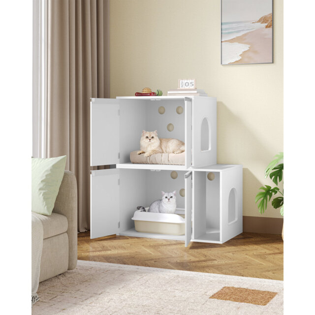 Cat Litter Box Enclosure for 2 Cats, Hidden Litter Box Furniture Cabinet, Double Layer Indoor Cat House, Can be Used as TV Cabinet, 140 x 48.3 x 48 cm