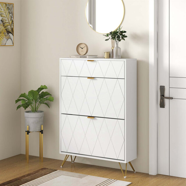 Narrow Shoe Cabinet With Two Flip Drawers And Small Top Drawer