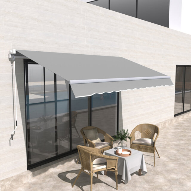 3 X 2m Light Grey Manual Retractable Awning, Polyester Canopy Patio Sun Shade Shelter With Hand Crank, Aluminium Support Brackets For Window Door Porc