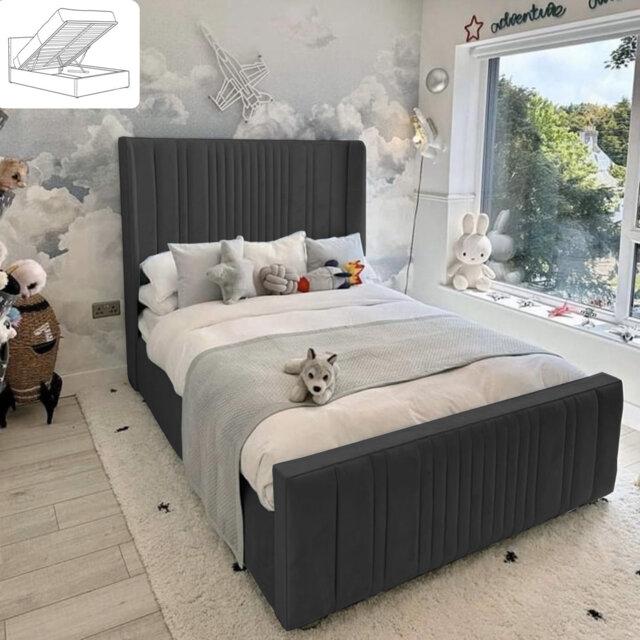 Morio Upholstered Bed - Wingback Ottoman Storage with Plush Velvet Gas Lift