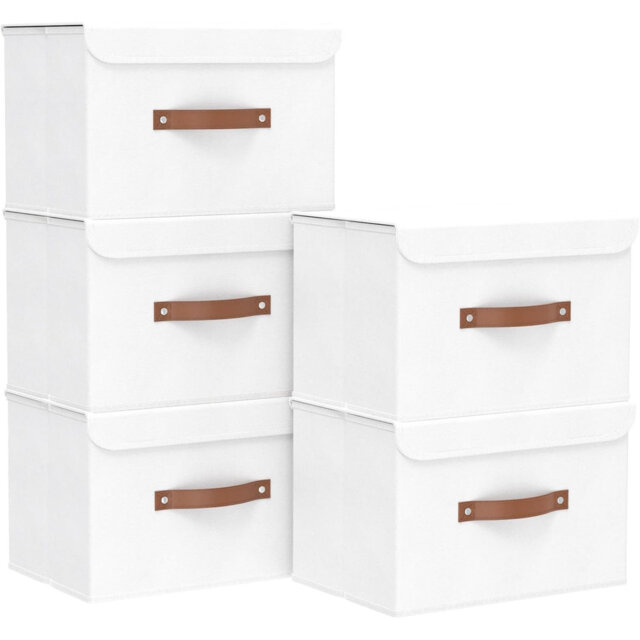 Storage Boxes With Lids 5 Pack, Collapsible Storage Bin With Handle, For Organizing Clothes, 45X30x30cm, White, SNK018WL-L-5