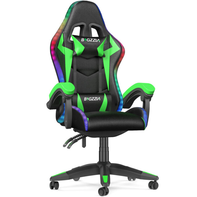 Reclining Gaming Chair with LED Lights and Headrest