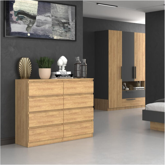 8 Drawer Chest of Drawers, Large Contemporary Bedroom Dresser with Wide Storage Cabinet – 120cm W x 97cm H x 40cm D