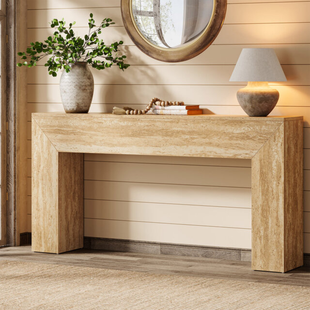 "63"" Modern Wood Console Table for Entryway,  Foyer, Faux Travertine Finish"