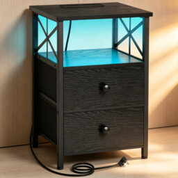 Black LED Light Bedside Table with Charging Station, 2 Fabric Drawers Storage Nightstand Multifunctional Sofa Side End Table for Home Bedroom Living R