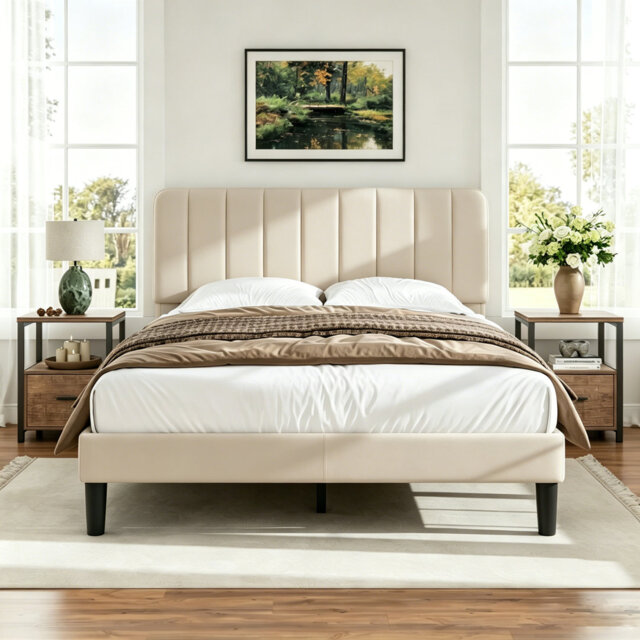 3 Pieces Bedroom Set, Bed Frame with Velvet Upholstered Headboard, Platform Bed Frame and 2 Nightstands with Drawer, No Box Spring Needed, Easy to Ass
