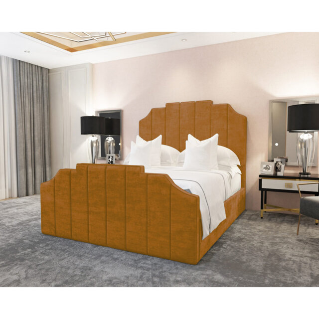 Annalei Regal Velvet Upholstered Bed Frame - Shaped Headboard, Chrome Feet