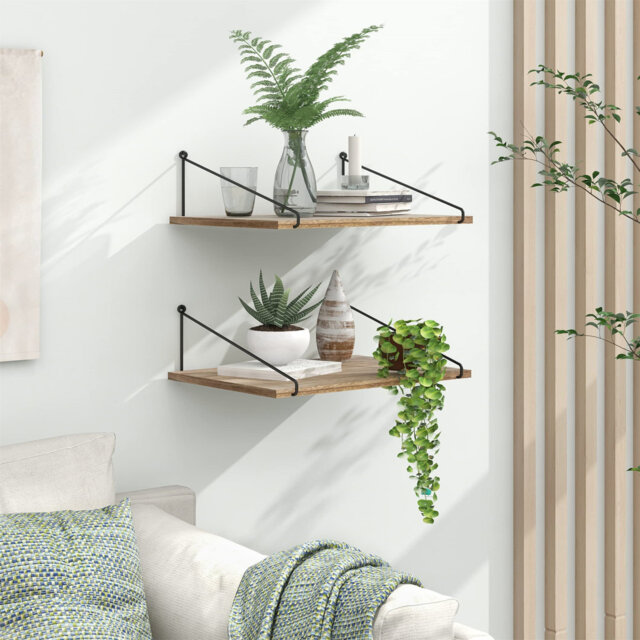 Wide Rustic Floating Shelves Dark Wood 12 Inch Wall Rack Large Wall Organizer With Brackets, Set Of 2