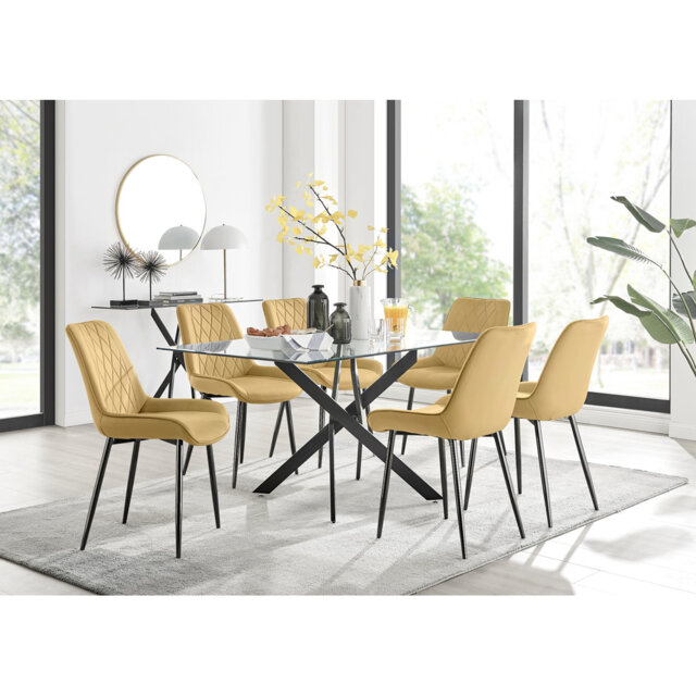 Lenworth Glass Rectangular Dining Table Set with 6 Luxury Velvet Chairs