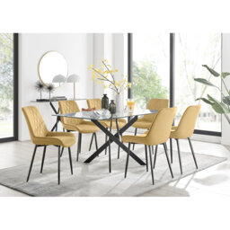 Lenworth Glass Rectangular Dining Table Set with 6 Luxury Velvet Chairs
