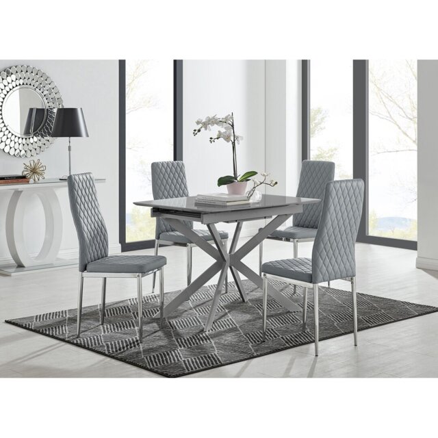 Eubanks Modern High Gloss Extendable Dining Table Set with Luxury Faux Leather Dining Chairs