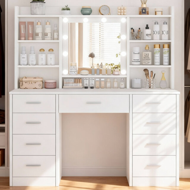 Dressing Table with 3-Color LED Lights Mirror, Adjustable Brightness, Vanity Table Makeup Desk with 9 Drawers and 7 Storage Shelves, Modern Vanity Des