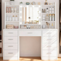 Dressing Table with 3-Color LED Lights Mirror, Adjustable Brightness, Vanity Table Makeup Desk with 9 Drawers and 7 Storage Shelves, Modern Vanity Des