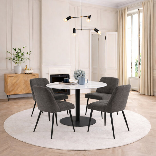 Jumaane Round Dining Table with White Polished Marble Top & Black Base includes 4 Brooke Dining Chairs in Taupe