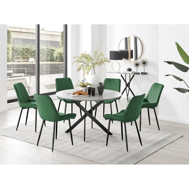 Tierra Modern Chrome Metal & Glass Round Dining Table Set with 6 Luxury Faux Leather Chairs