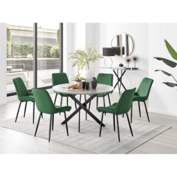 Tierra Modern Chrome Metal & Glass Round Dining Table Set with 6 Luxury Faux Leather Chairs