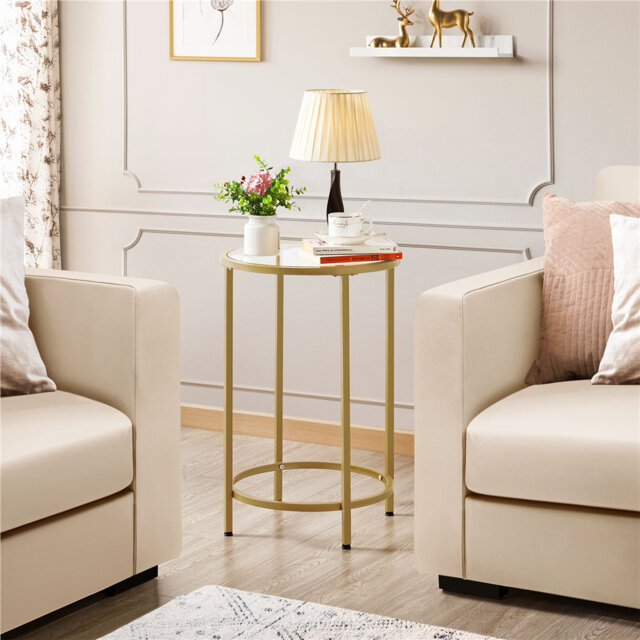 Round Side Table With Metal Frame,  Glass Top End Table