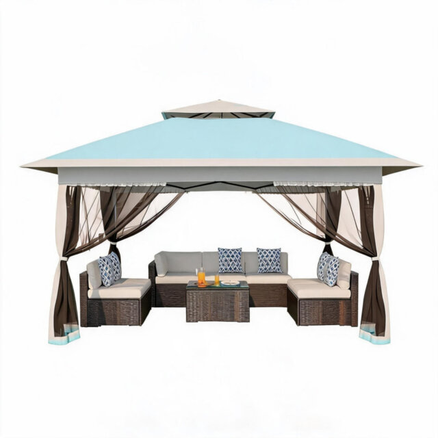 3 x 3m Pop Up Garden Gazebo, Double Roof Instant Canopy Tent with Netting & 4 Sandbags, 3-Level Adjustable Height, Metal Frame for Patio, Parties & Ou