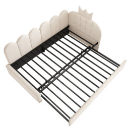 Velvet 3FT Single Upholstered Daybed with Crown-Shaped Pull-Out Trundle, Metal Slatted Frame, 90x190 cm