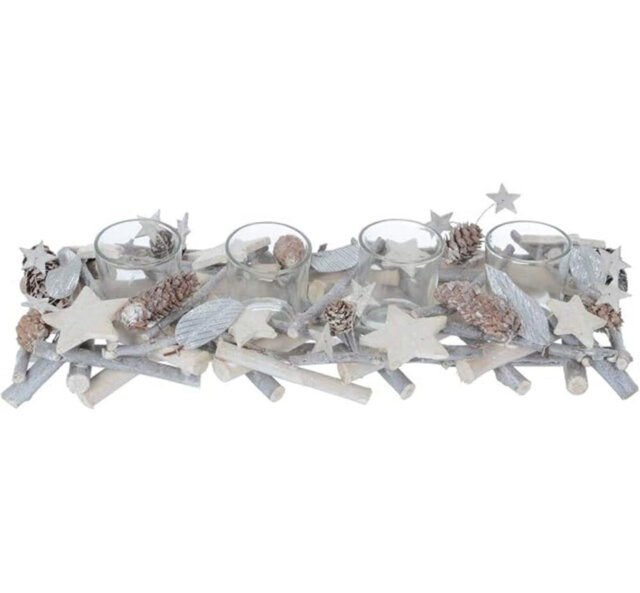 40cm Rustic Grey and Silver Christmas Tealight Candle Holder with 4 Glass Jars