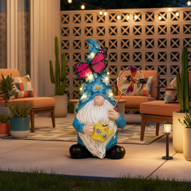 Solar Garden Gnome Statue with LED Butterfly Flowers - Outdoor Decor
