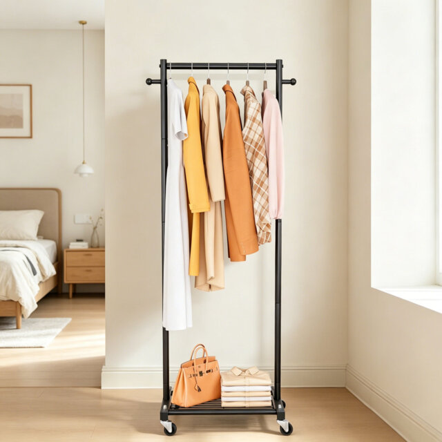 Wheeled Small Clothes Rack, 60 Inch Metal Garment Rail with Storage Shelves, Portable Freestanding Rolling Wardrobe for Compact Space, Black