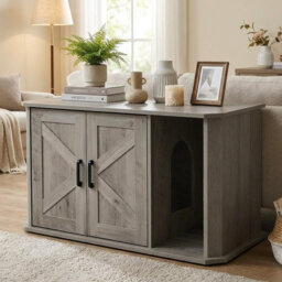 Modern White Wooden Cat Litter Box Enclosure - Large Hidden Cabinet with Double Doors & Side Entry - Easy-Clean Sturdy Cat House End Table, Odor Contr
