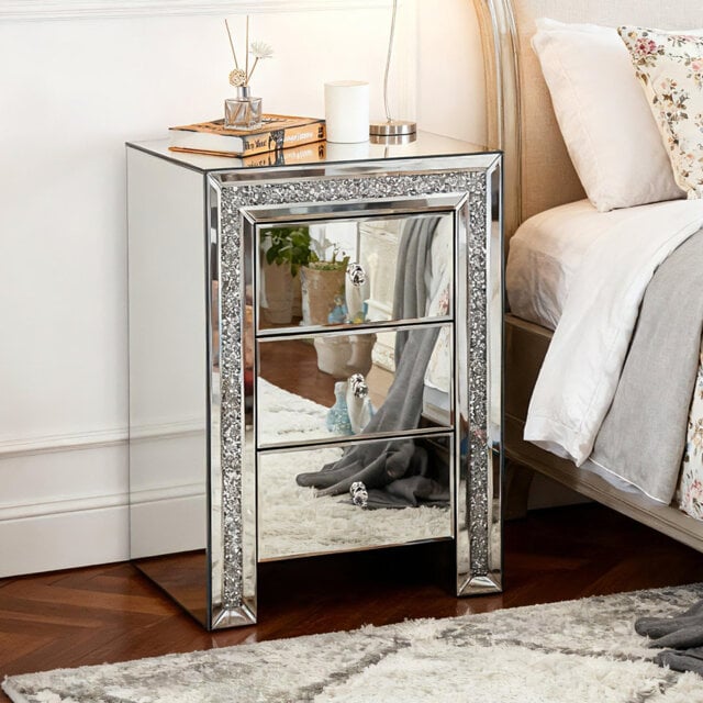 Jasmic Mirrored Glass Bedside Table 3 Drawer Crushed Diamond Home Decor