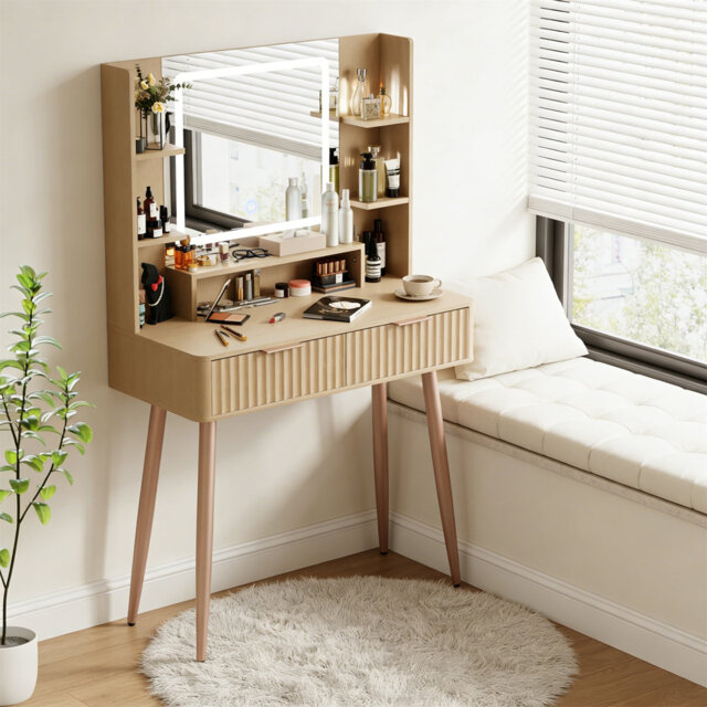 Dressing Table With LED Lighted Mirror, Fluted Vanity Desk With 2 Drawers & 5 Storage Shelves, Modern Small Makeup Vanity For Bedroom