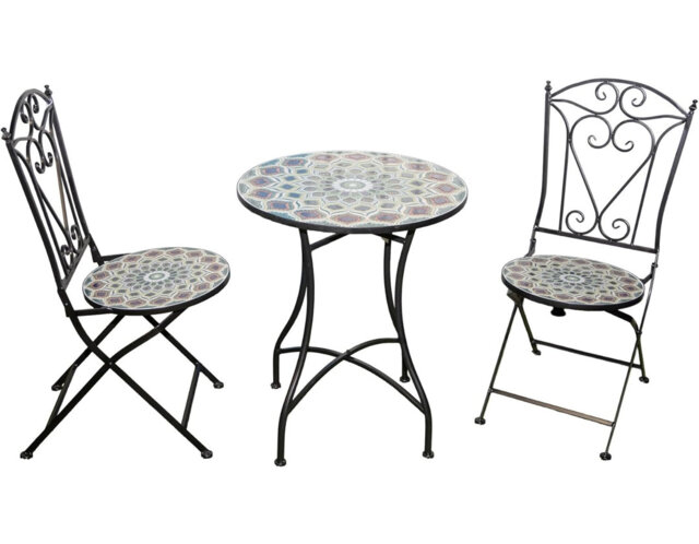 Mosaic Bistro Set with Round Table and Two Folding Chairs for Garden Patio Balcony and Outdoor Dining