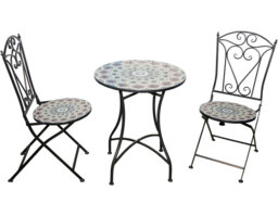 Mosaic Bistro Set with Round Table and Two Folding Chairs for Garden Patio Balcony and Outdoor Dining
