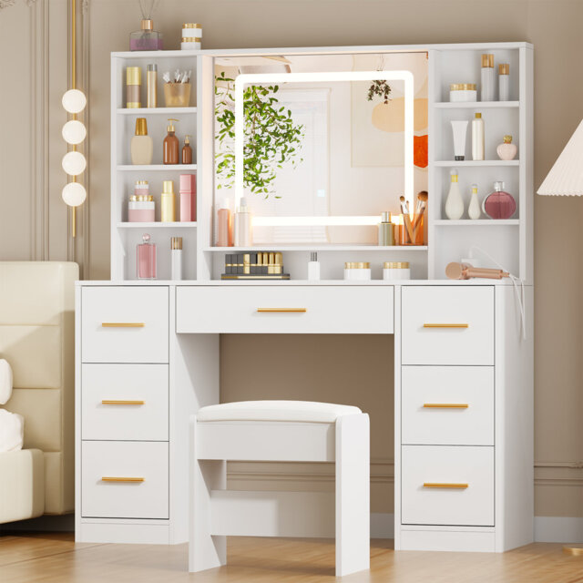 100cm Wide Dressing Table with Mirror, 7 Drawers, Power Outletand and Stool