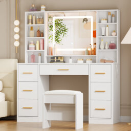 100cm Wide Dressing Table with Mirror, 7 Drawers, Power Outletand and Stool