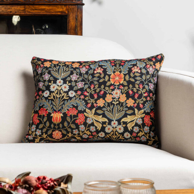 Morris Style Leaves and Berries Cushion in Black