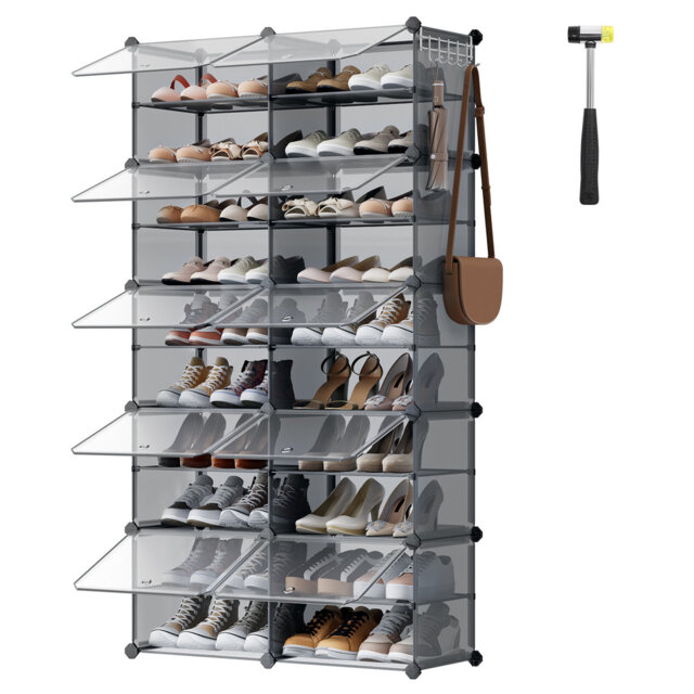 Interlocking Shoe Rack, Plastic Shoe Storage Cabinet, 10-Slot Modular Storage Organiser Unit, 30 X 40 X 30 Cm For Each Slot, With Doors, Steel Frame,