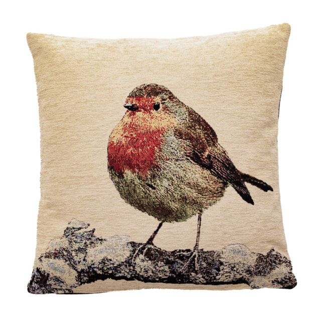 Winter Robin Woven Cushion with Fibre Filler