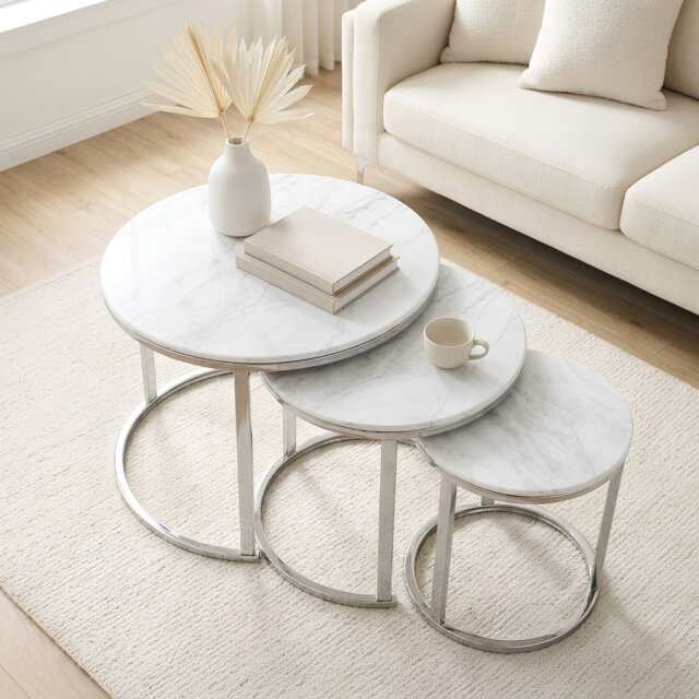 Milan 3-Piece Nesting Coffee Tables, White Marble Effect & Chrome Base